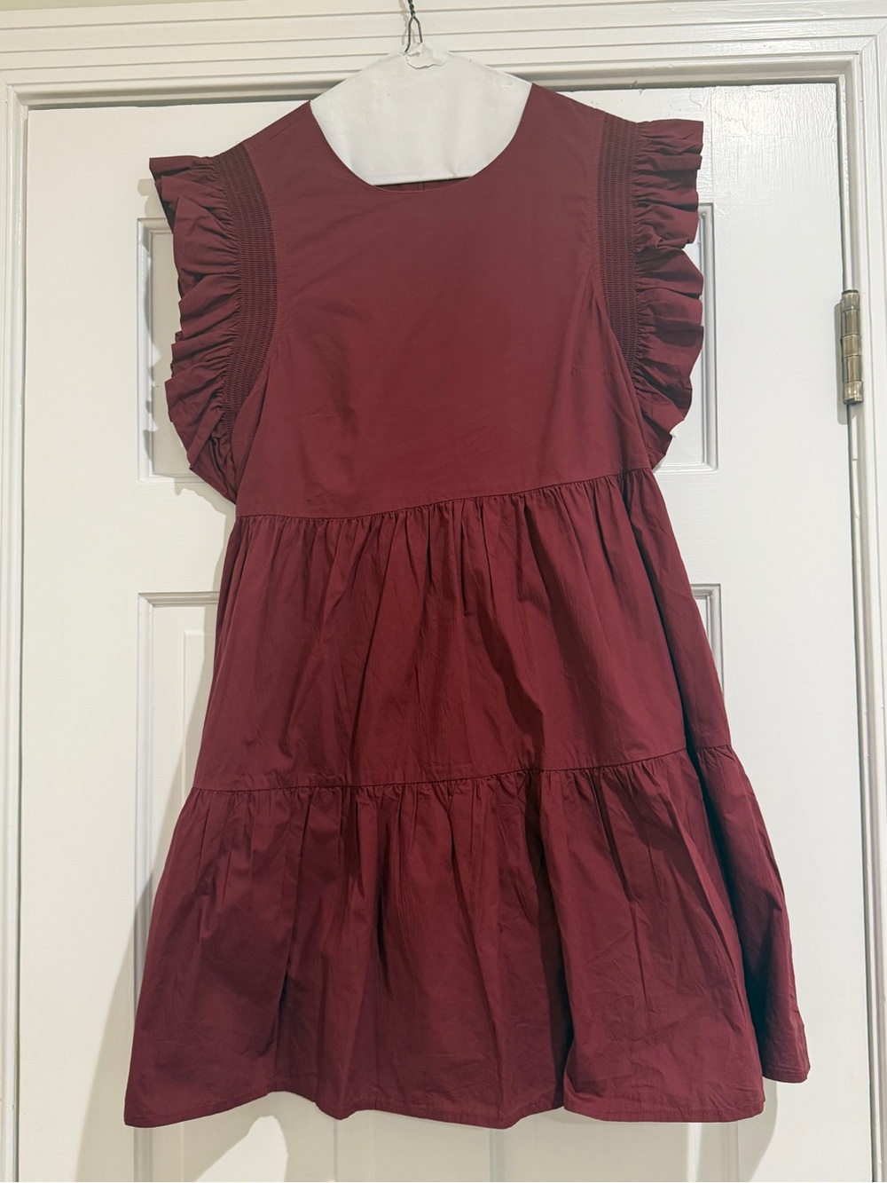 English Factory Burgundy Ruffle Sleeve Tiered Mini Dress